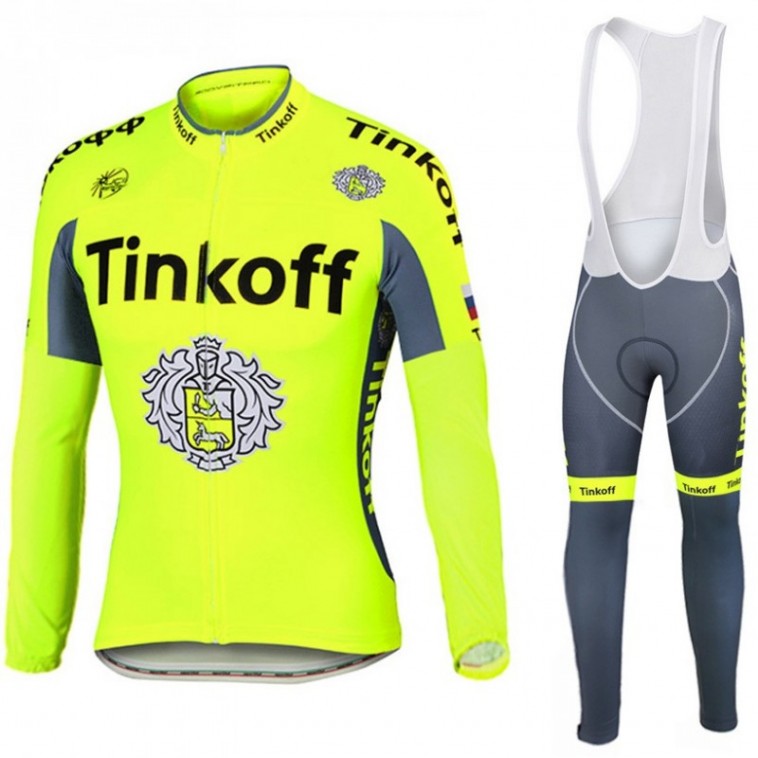 Ensemble cuissard vélo et maillot cyclisme hiver équipe pro Tinkoff fluo