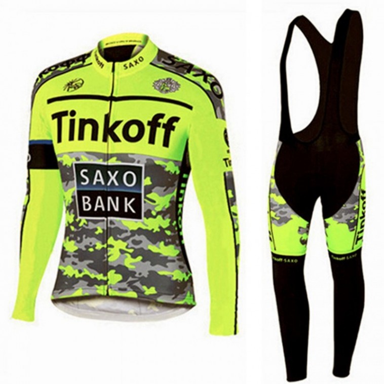 Ensemble cuissard vélo et maillot cyclisme hiver équipe pro Tinkoff Saxo fluo