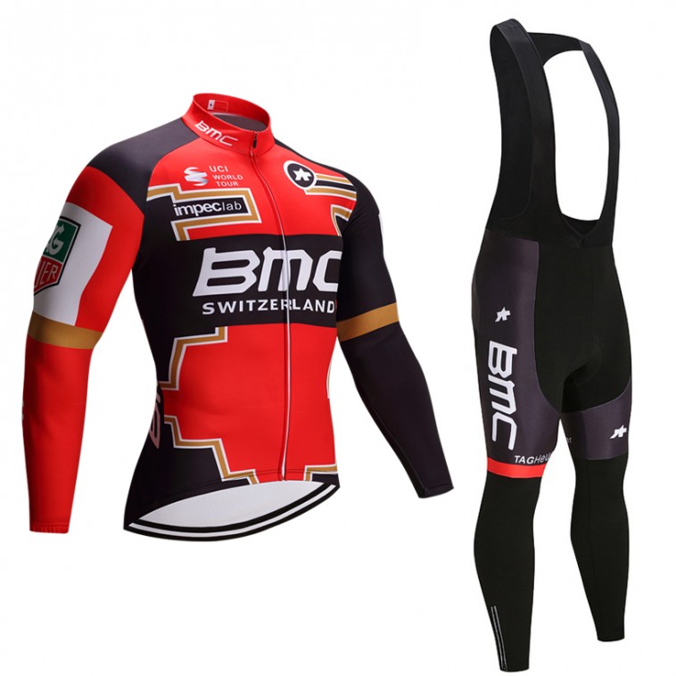 Ensemble cuissard vélo et maillot cyclisme hiver équipe pro BMC 2017 gold edition