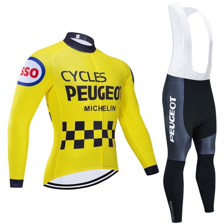 Ensemble cuissard vélo et maillot cyclisme hiver pro vintage PEUGEOT MICHELIN Jaune