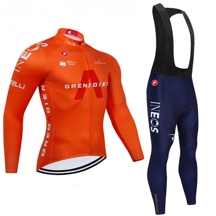 Ensemble cuissard vélo et maillot cyclisme hiver pro INEOS GRENADIER 2021 Orange