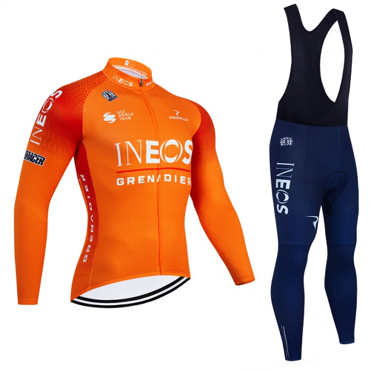 Ensemble cuissard vélo et maillot cyclisme hiver pro INEOS Grenadiers 2022 orange